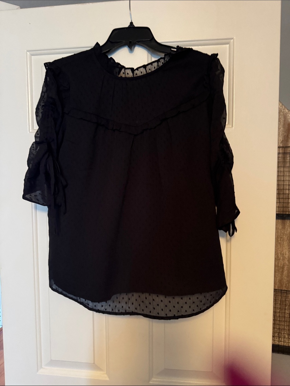 LOFT Black Sheer Swiss Dot Ruffle Blouse